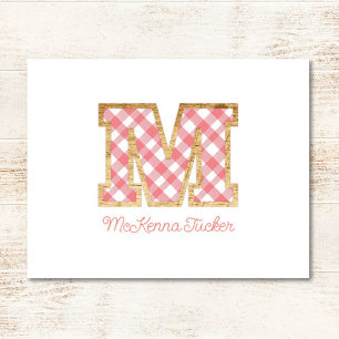 Cartão De Notas Rustic & Preppy "M" Pink Gingham em Wood Girly