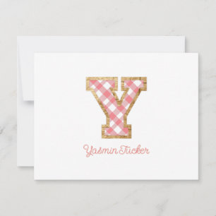 Cartão De Notas Rustic & Preppy "Y" Pink Gingham em Wood Girly