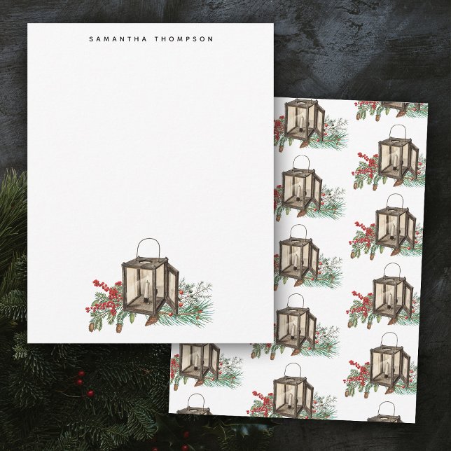 Cartão De Notas Rustic Watercolor - Lanterna Pine Berries (Rustic Corporate Business Logo Christmas Card)