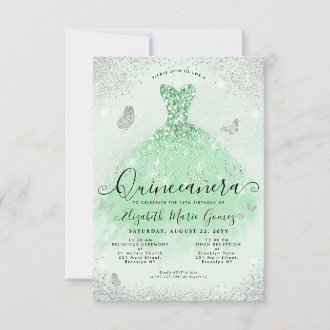 Cartão De Notas Sábio Verde Silver Glitter Quinceanera (Frente)