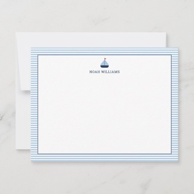 Cartão De Notas Sailboat Blue Stripes Personalized Stationery (Frente)