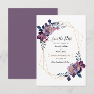 Cartão De Notas Salvar a Data Floral Roxo Geométrico Script
