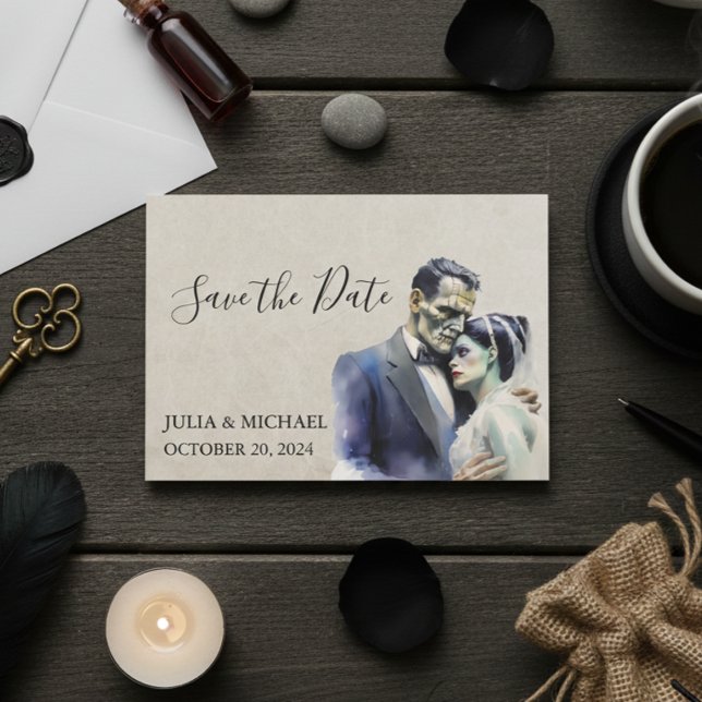 Cartão De Notas Salvar a Data Halloween Noiva Frankenstein (Criador carregado)