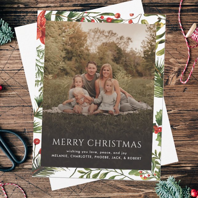 Cartão De Notas Saudações de Fotos da Família de Feriados de Natal (Christmas Greetings Rustic Family Photo Red Berries Botanical)