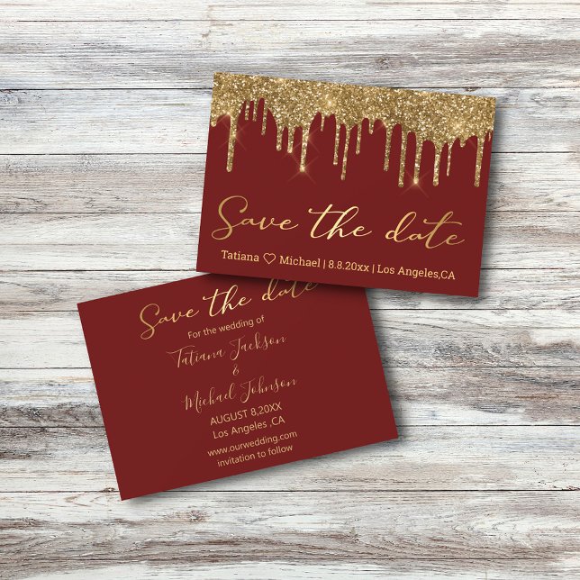 Cartão De Notas save the date gold dripping glitters  red wedding (Criador carregado)
