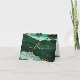 Cartão De Notas Script de Monograma Dourado Glitter Geode Verde