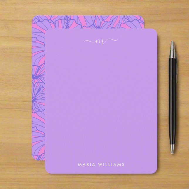 Cartão De Notas Script de Monograma Floral Simples Girly Purple Br (Criador carregado)