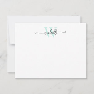 Cartão De Notas Script de Nome do Monograma da Cinza Girly Aqua
