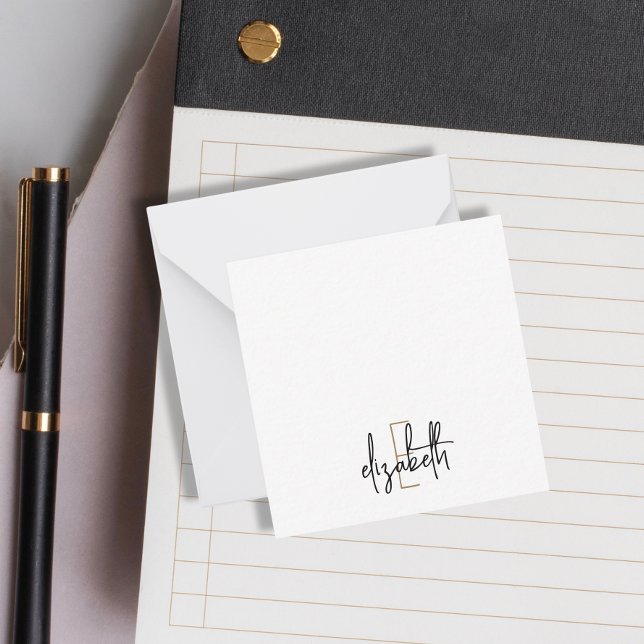 Cartão De Notas Script Dourado preto monograma elegante (Criador carregado)