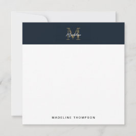 Cartão De Notas Script Metallic Navy Blue Gold Monogram Square
