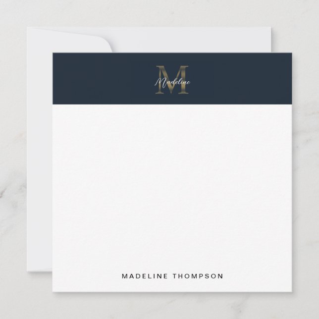 Cartão De Notas Script Metallic Navy Blue Gold Monogram Square (Frente)