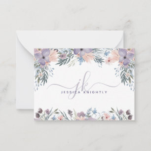 Cartão De Notas Script Monogramas Iniciais Florais Roxos