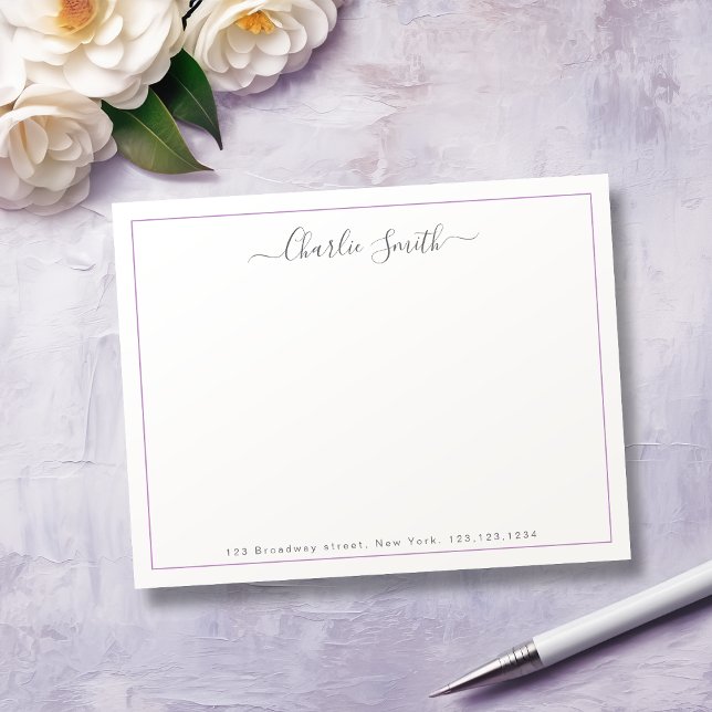 Cartão De Notas Script simples de borda roxa personalizado (Simple script purple border personalized note card)