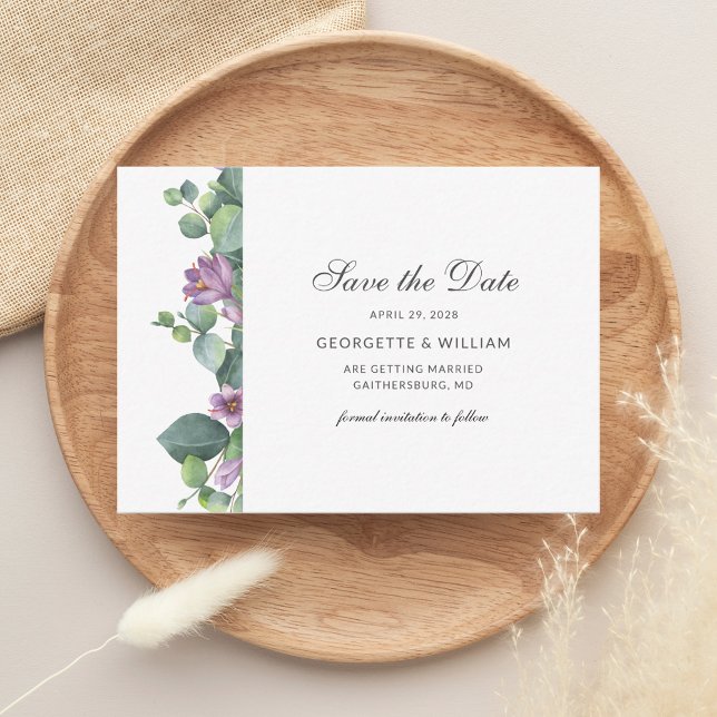 Cartão De Notas Script Suculento Eucalyptus Greenery Salvar a Data (Save the Date Purple Sage Green Wedding Announcement)