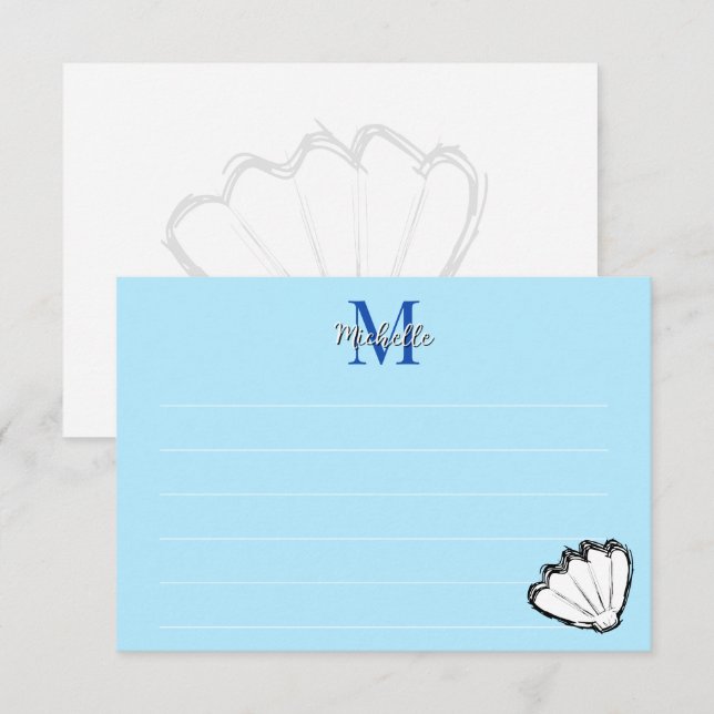 Cartão De Notas Seashell Sketch White And Blue Lined Monogram (Frente/Verso)