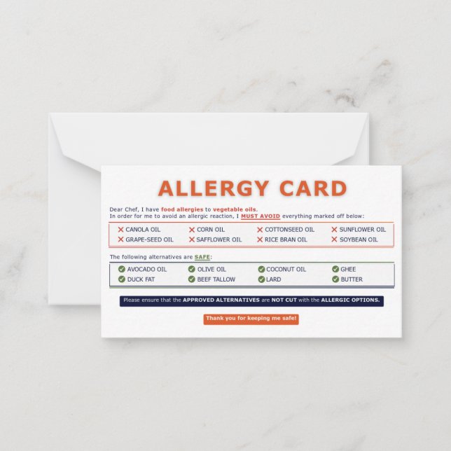 Cartão De Notas Seed Oil Allergy Card  (Frente)