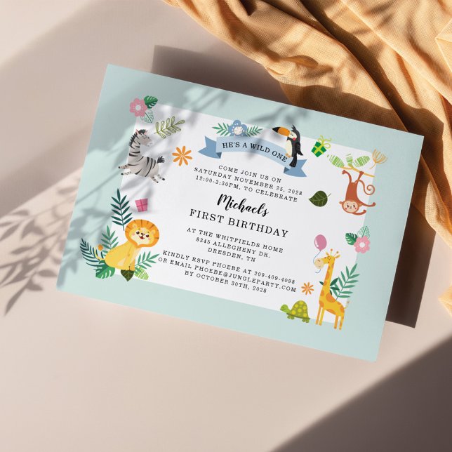Cartão De Notas Selgle Safari Animal primeiro aniversario Selvagem (First Birthday Party Jungle Theme Invitation Front View)