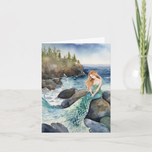 Cartão De Notas Sereia Aquarela Em Rochas Oceânicas