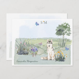 Cartão De Notas Siberian Husky Butterfly Meadow Monograma & Nome