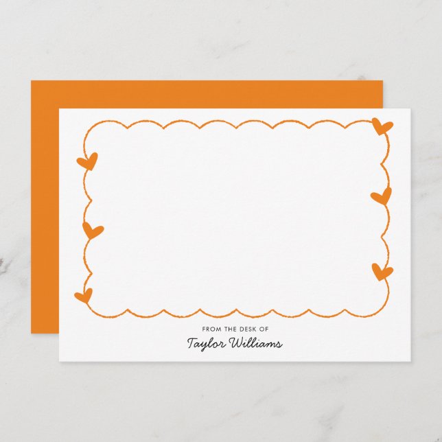 Cartão De Notas Simple Orange Wavy Border Heart Stationery (Frente/Verso)
