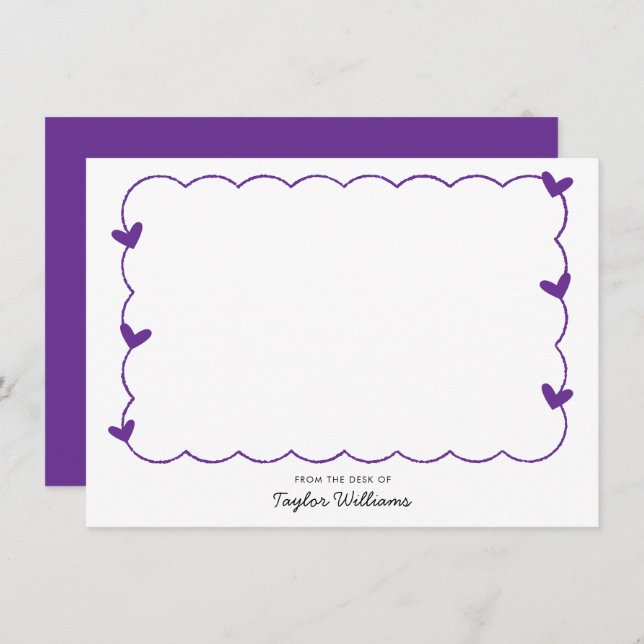 Cartão De Notas Simple Purple Wavy Border Heart Stationery (Frente/Verso)