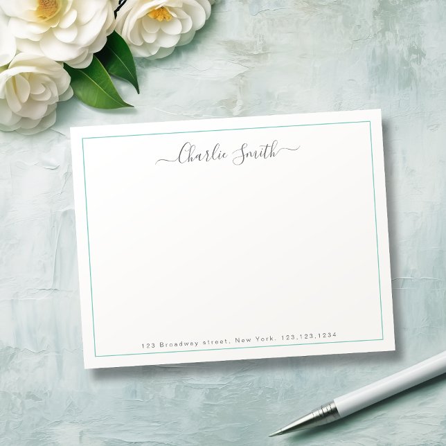 Cartão De Notas Simples script turquesa borda personalizada (Simple script turquoise border personalized note card)