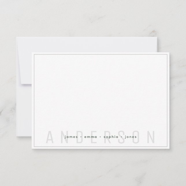 Cartão De Notas Sobrenome Verde Escuro Simples e Cinza Fronteira (Frente)