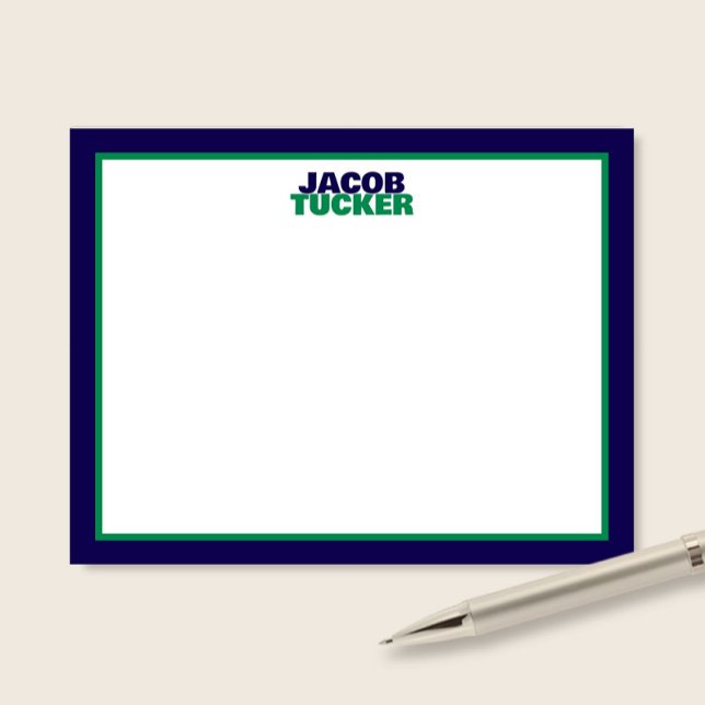Cartão De Notas Stacked Name Navy Green Border Preppy Stationery (Criador carregado)
