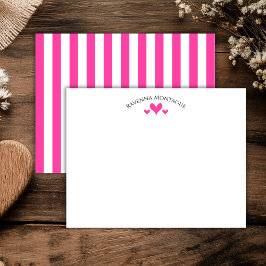 Cartão De Notas Strawberry Pink Classic Hearts Striped Note Card