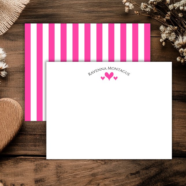 Cartão De Notas Strawberry Pink Classic Hearts Striped Note Card (Criador carregado)