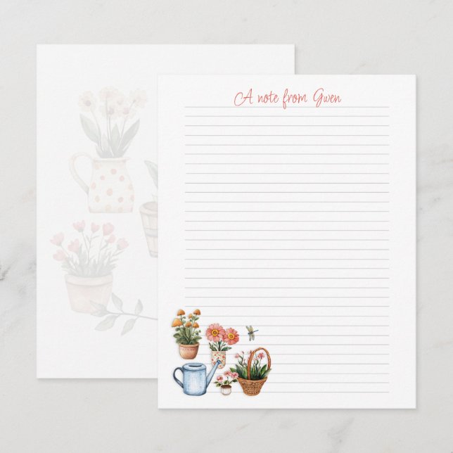 Cartão De Notas Summer Gardening Lined Personal Note Paper (Frente/Verso)