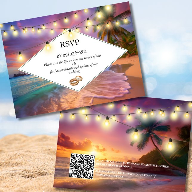 Cartão De Notas Sunset Tropical Beach Código QR Casamento RSVP (Criador carregado)