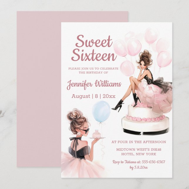 Cartão De Notas sweet 16 birthday girl pink party invitation  (Frente/Verso)