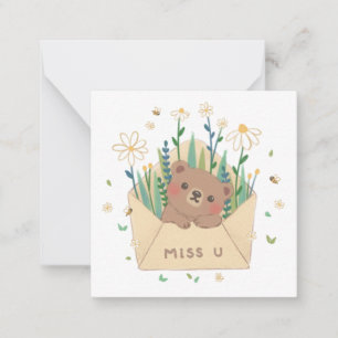 Cartão De Notas TE AMO: Urso de Pelúcia & Flores no Envelope
