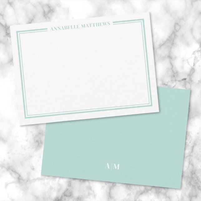 Cartão De Notas Teal Blue Border Minimalist Name Monogram (Teal Blue Border Minimalist Name Monogram Note Card )