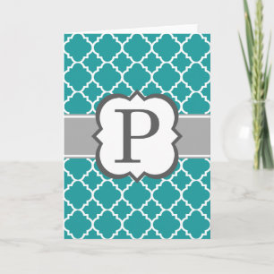 Cartão De Notas Teal Blue Monogram Letter P Quatrefoil