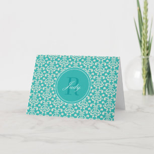 Cartão De Notas Teal Damask Monogram Note Cards