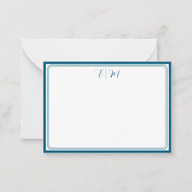 Cartão De Notas Teal three Border Monogram Note Card (Frente)