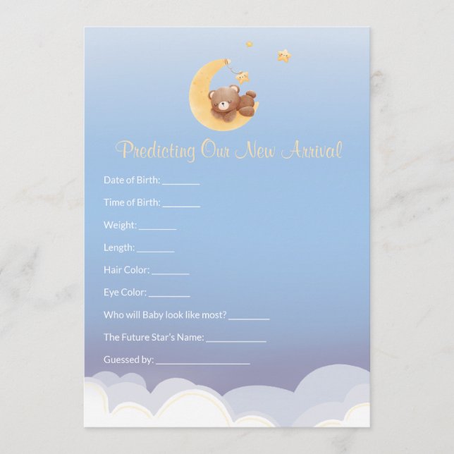 Cartão De Notas Teddy Bear Moon Baby Shower Prediction  (Frente)