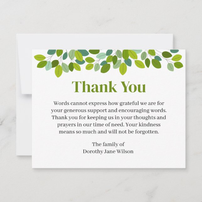 Cartão De Notas Thank you Funeral Note Card Bereavement leaves (Frente)