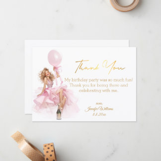 Cartão De Notas thank you happy birthday gold script pink dress