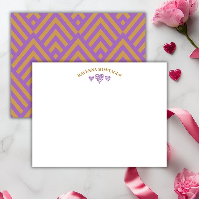 Cartão De Notas Three Hearts Gold Grapevine Striped Fans Note Card (Criador carregado)
