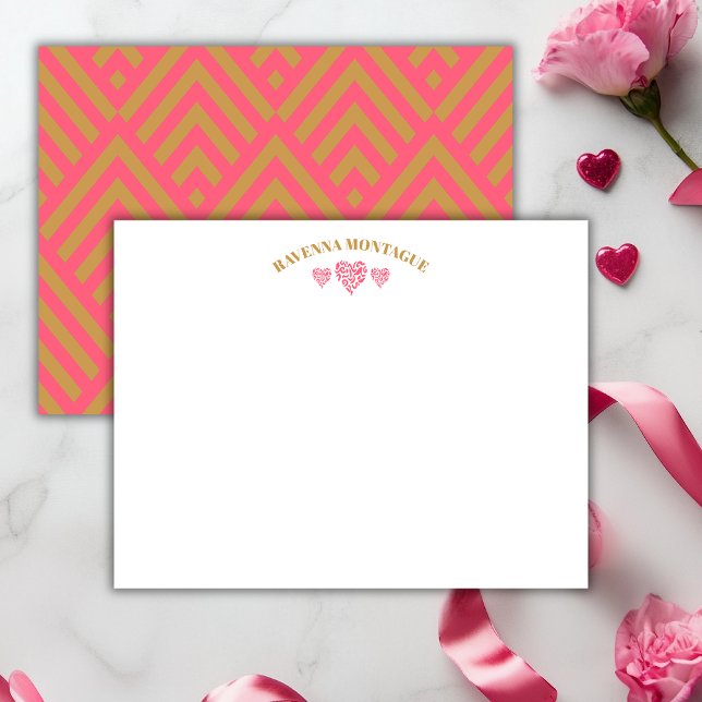Cartão De Notas Three Hearts Gold Watermelon Pink Fans Note Card (Criador carregado)