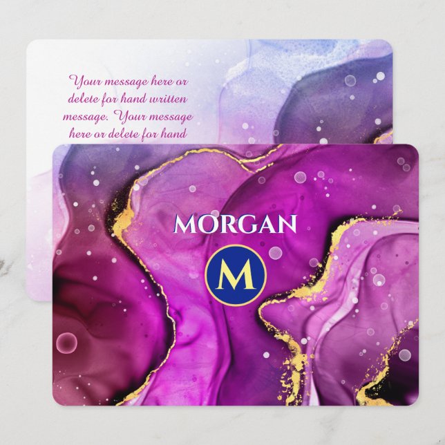 Cartão De Notas Tinta líquida violeta vermelha e Dourada, monogram (Frente/Verso)