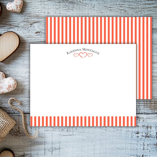 Cartão De Notas Tomato Modern Open Hearts Striped Note Card (Criador carregado)