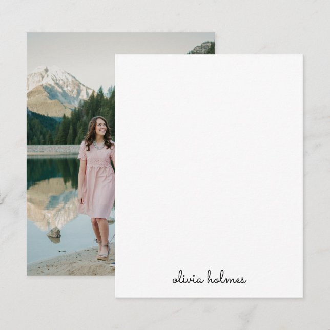 Cartão De Notas Trendy Monograma | Foto do Nome do Script Preto Mo (Frente/Verso)