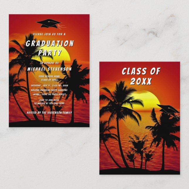 Cartão De Notas Tropical Sunset Graduation Invitation template (Frente/Verso)