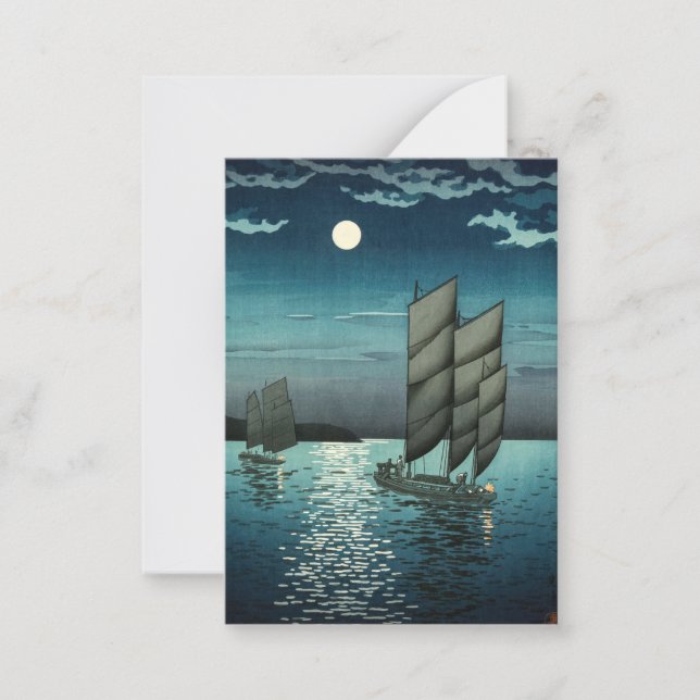 Cartão De Notas Tsuchiya Koitsu - Barcos em Shinagawa, Noite (Frente)