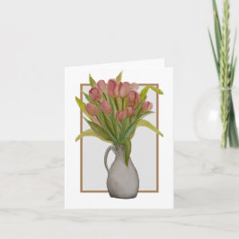 Cartão De Notas Tulipa rosa em uma placa de nota dobrada vase