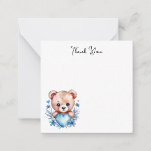 Cartão De Notas Urso Cute Watercolor, Coração Azul Obrigado